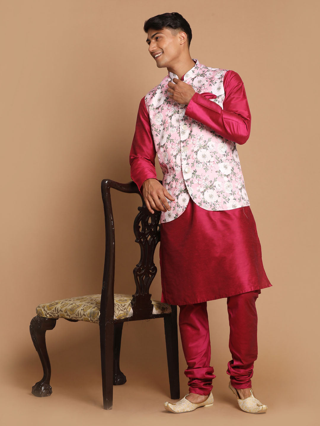 Men's Pink Floral Printed Ethnic Jacket With Purple Cotton Silk Blend Kurta Pyjama