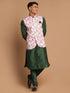 Men's Pink Floral Printed Ethnic Jacket With Green Cotton Silk Blend Kurta Pyjama