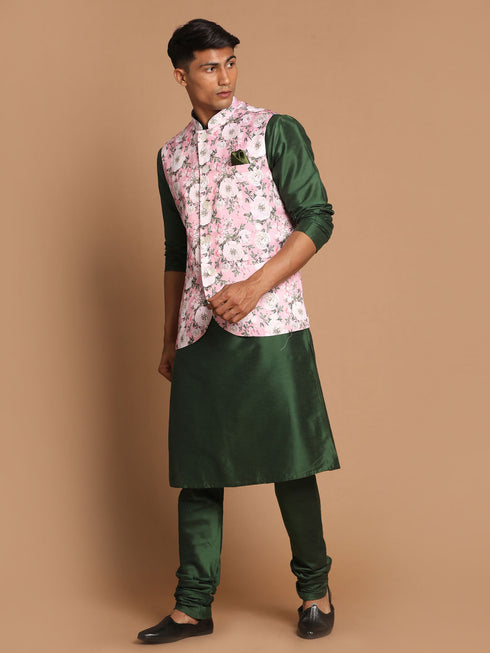 Men's Pink Floral Printed Ethnic Jacket With Green Cotton Silk Blend Kurta Pyjama