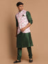 Men's Pink Floral Printed Ethnic Jacket With Green Cotton Silk Blend Kurta Pyjama