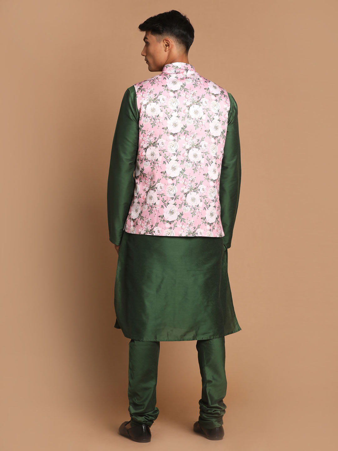 Men's Pink Floral Printed Ethnic Jacket With Green Cotton Silk Blend Kurta Pyjama