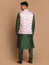 Men's Pink Floral Printed Ethnic Jacket With Green Cotton Silk Blend Kurta Pyjama