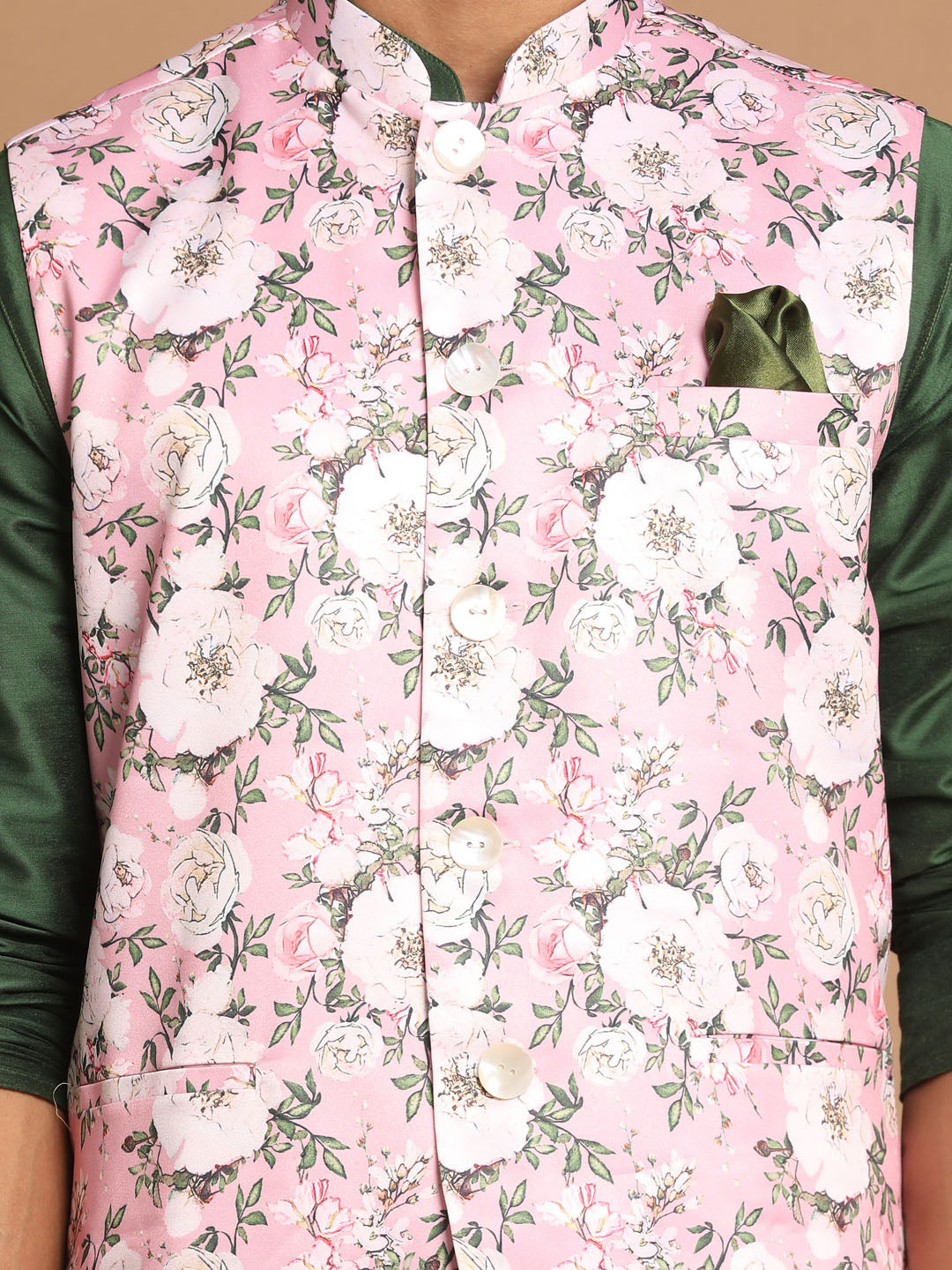 Men's Pink Floral Printed Ethnic Jacket With Green Cotton Silk Blend Kurta Pyjama