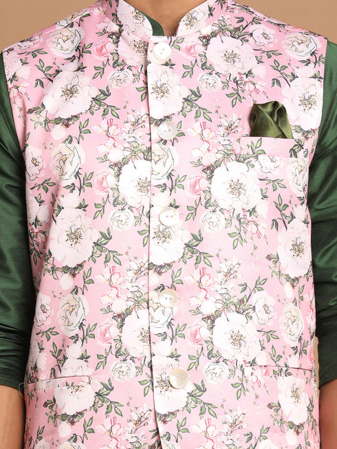 Men's Pink Floral Printed Ethnic Jacket With Green Cotton Silk Blend Kurta Pyjama