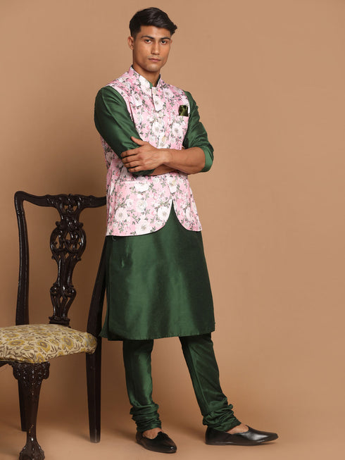 Men's Pink Floral Printed Ethnic Jacket With Green Cotton Silk Blend Kurta Pyjama