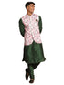 Men's Pink Floral Printed Ethnic Jacket With Green Cotton Silk Blend Kurta Pyjama