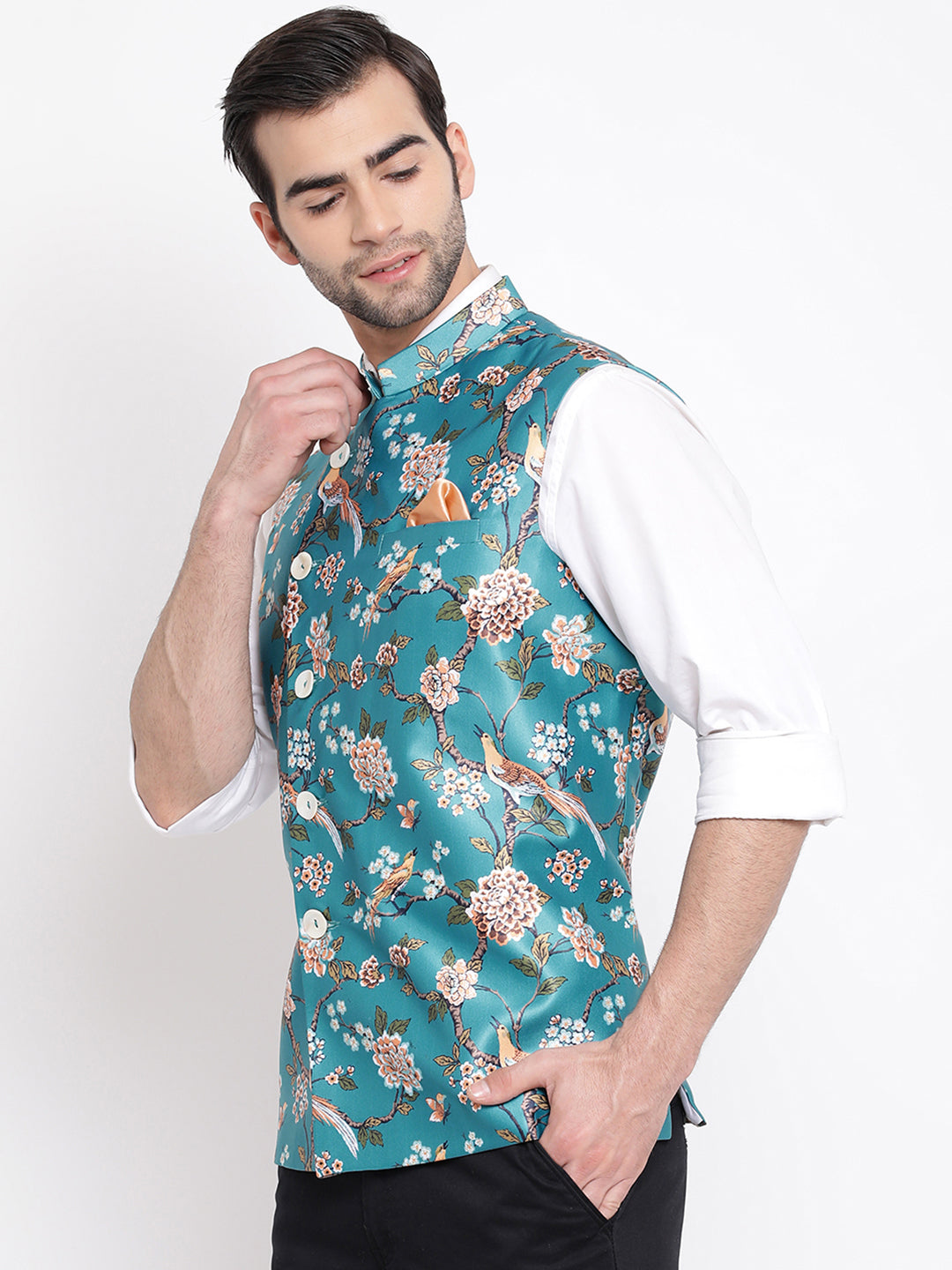 Men's Turquoise Digital Printed Royal Angrakha Nehru Jacket