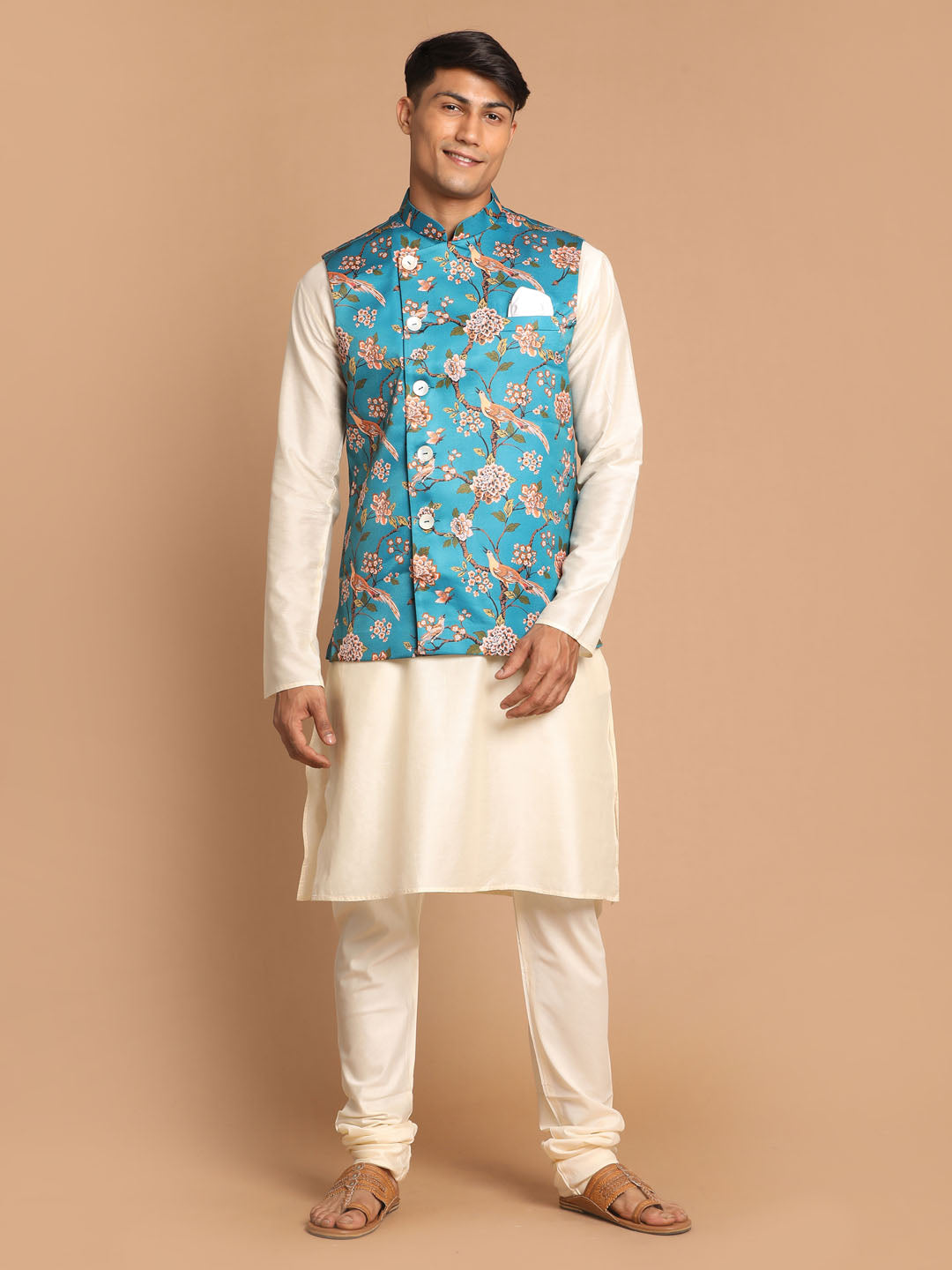 Men's Turquoise Digital Printed Royal Angrakha Nehru Jacket With Cream Kurta Pyjama