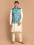 Men's Turquoise Digital Printed Royal Angrakha Nehru Jacket With Cream Kurta Pyjama