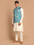 Men's Turquoise Digital Printed Royal Angrakha Nehru Jacket With Cream Kurta Pyjama