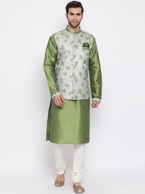 Men's Green Floral Jacquard Jacket With Silk Kurta And Pyjama Set