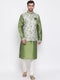 Men's Green Floral Jacquard Jacket With Silk Kurta And Pyjama Set