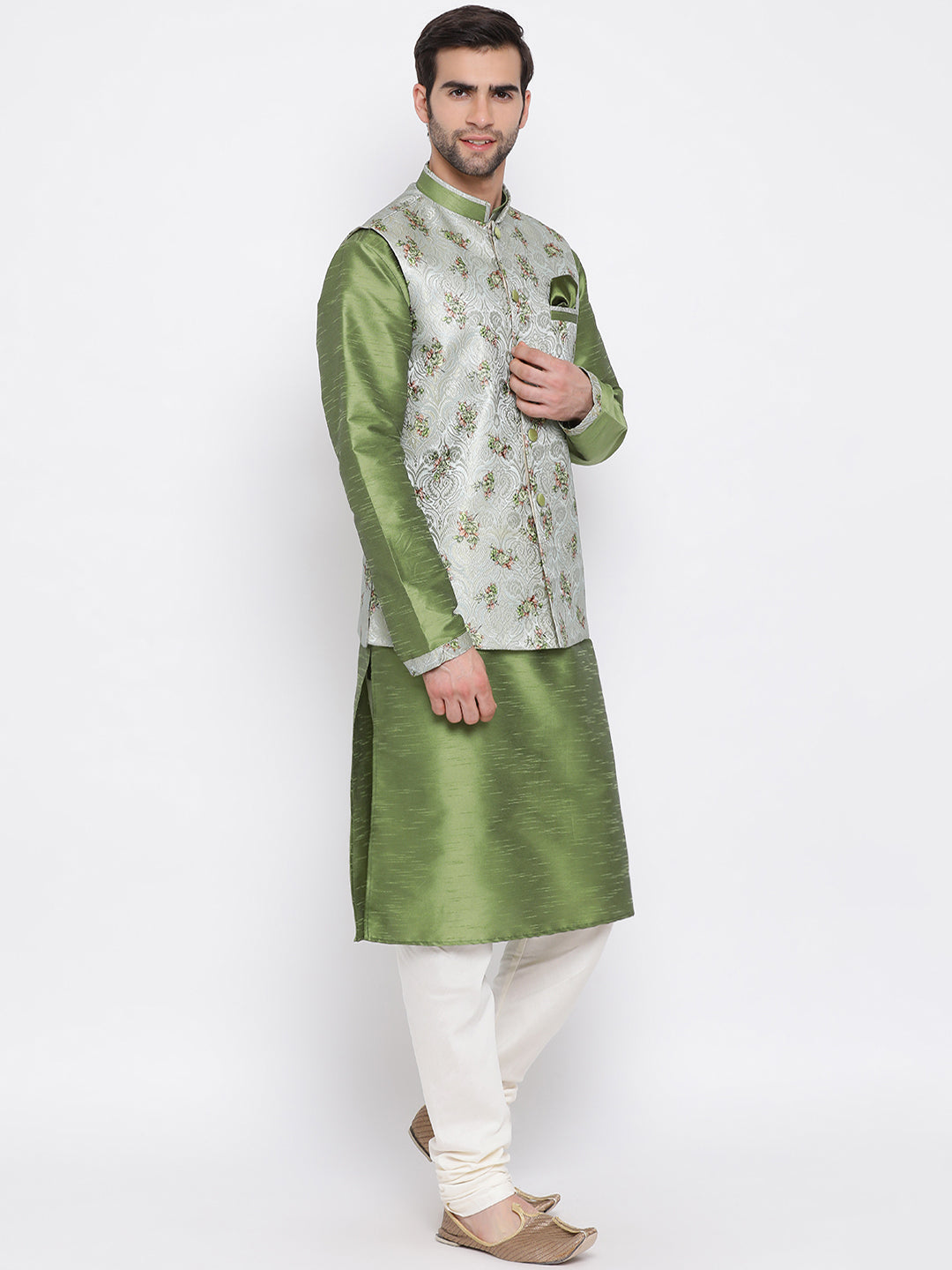 Men's Green Floral Jacquard Jacket With Silk Kurta And Pyjama Set