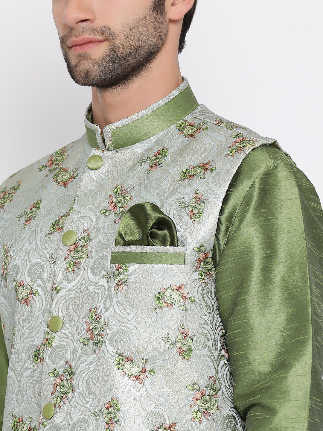 Men's Green Floral Jacquard Jacket With Silk Kurta And Pyjama Set