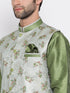 Men's Green Floral Jacquard Jacket With Silk Kurta And Pyjama Set