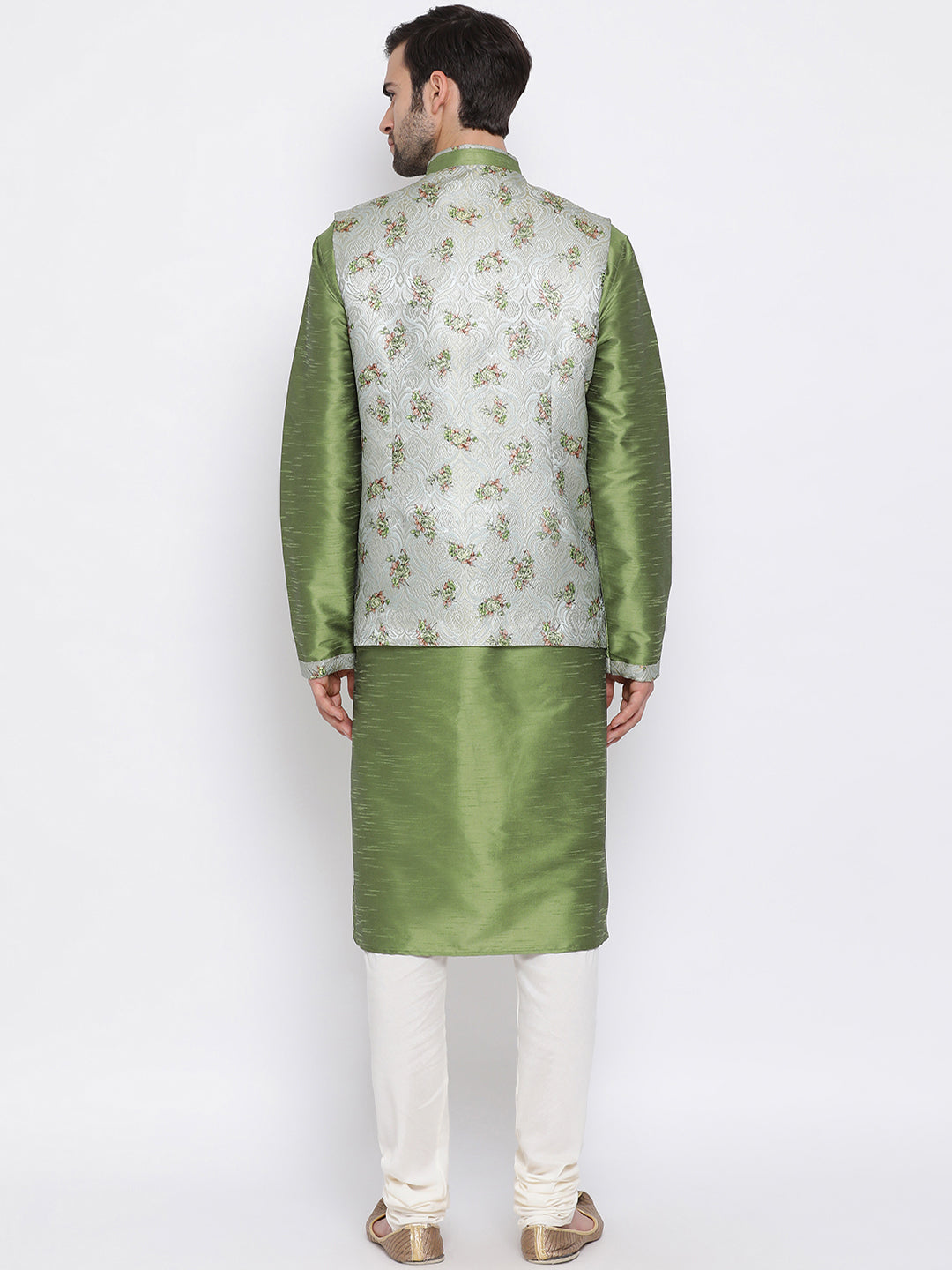 Men's Green Floral Jacquard Jacket With Silk Kurta And Pyjama Set