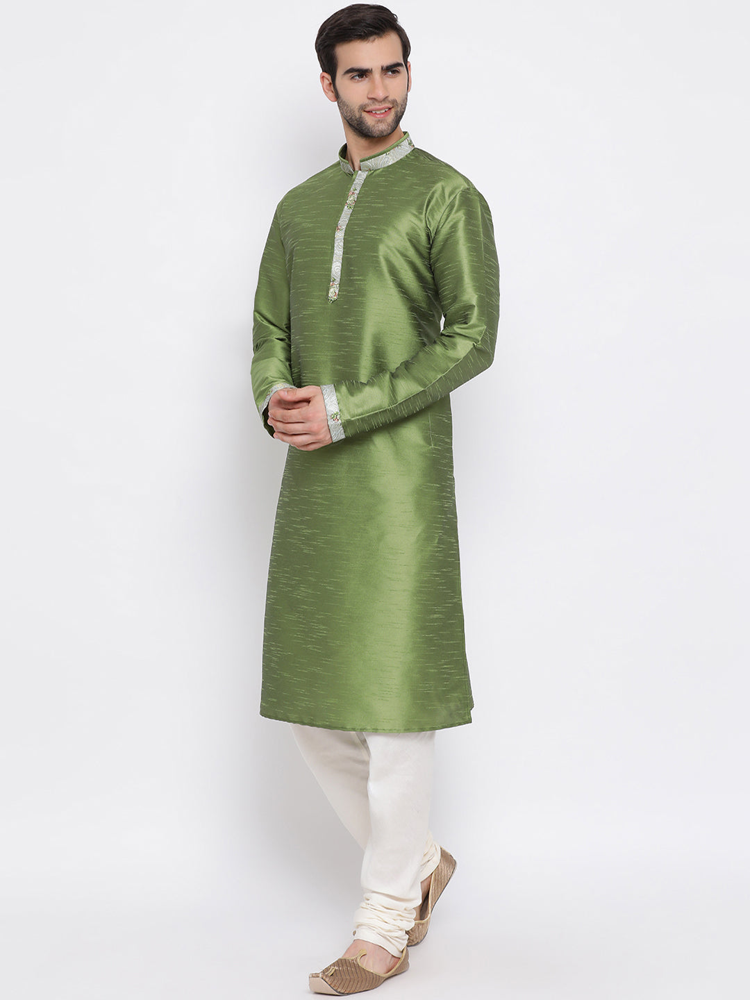 Men's Green Floral Jacquard Jacket With Silk Kurta And Pyjama Set