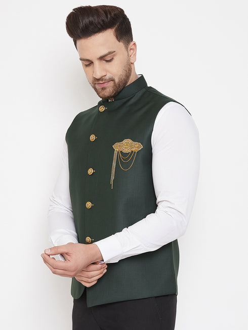Bottle Green Solid Embellished Zardozi Nehru Jacket