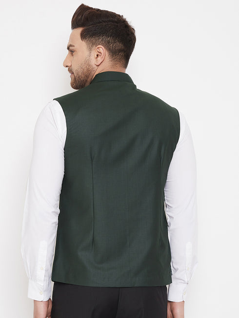 Bottle Green Solid Embellished Zardozi Nehru Jacket