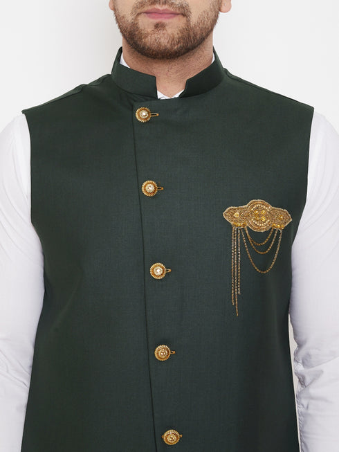 Bottle Green Solid Embellished Zardozi Nehru Jacket
