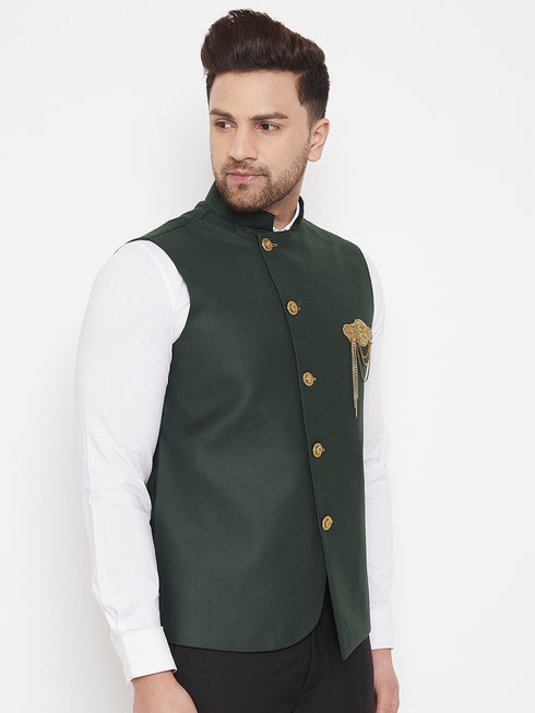 Bottle Green Solid Embellished Zardozi Nehru Jacket