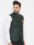 Bottle Green Solid Embellished Zardozi Nehru Jacket