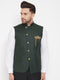 Bottle Green Solid Embellished Zardozi Nehru Jacket