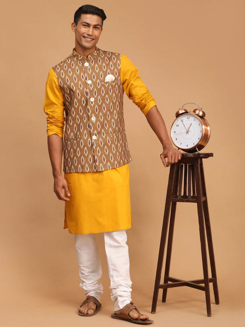 Men's Green Printed Cotton Nehru Jacket With Mustard Kurta And White Pyjama Set