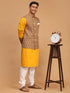 Men's Green Printed Cotton Nehru Jacket With Mustard Kurta And White Pyjama Set