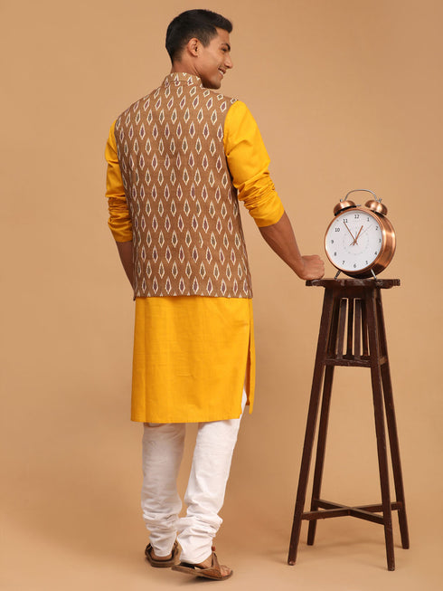 Men's Green Printed Cotton Nehru Jacket With Mustard Kurta And White Pyjama Set