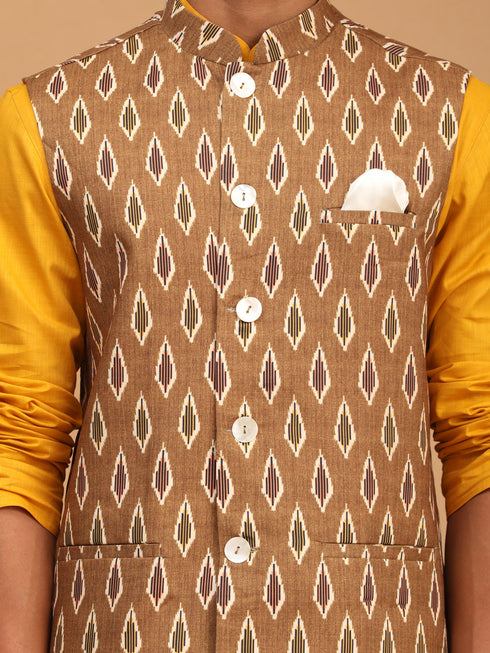 Men's Green Printed Cotton Nehru Jacket With Mustard Kurta And White Pyjama Set