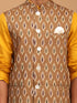Men's Green Printed Cotton Nehru Jacket With Mustard Kurta And White Pyjama Set