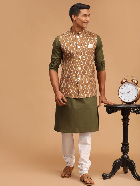 Men's Green Printed Cotton Nehru Jacket With Mehdi Green Kurta And White Pyjama Set