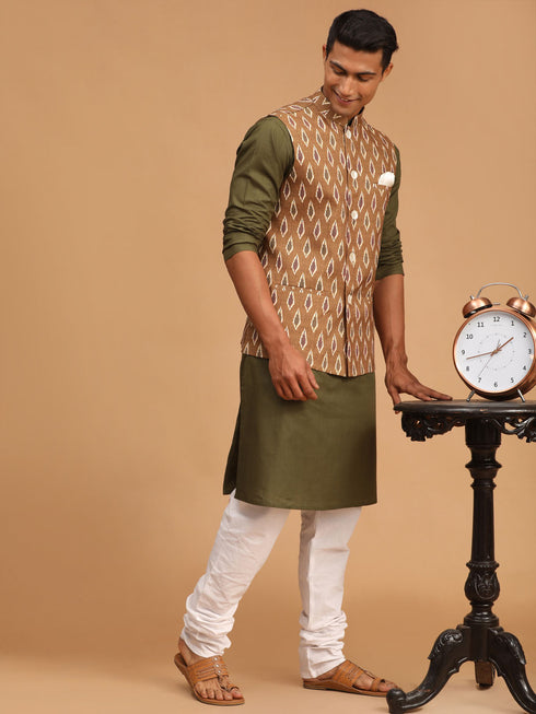 Men's Green Printed Cotton Nehru Jacket With Mehdi Green Kurta And White Pyjama Set