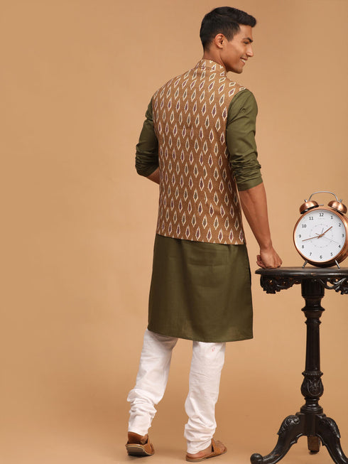 Men's Green Printed Cotton Nehru Jacket With Mehdi Green Kurta And White Pyjama Set