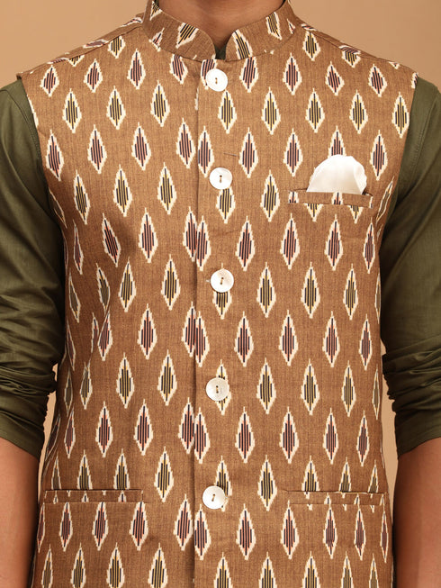 Men's Green Printed Cotton Nehru Jacket With Mehdi Green Kurta And White Pyjama Set