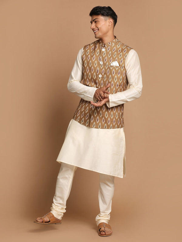 Men's Multicolor-Base-Green Cotton Nehru Jacket With Cream Kurta Pyjama