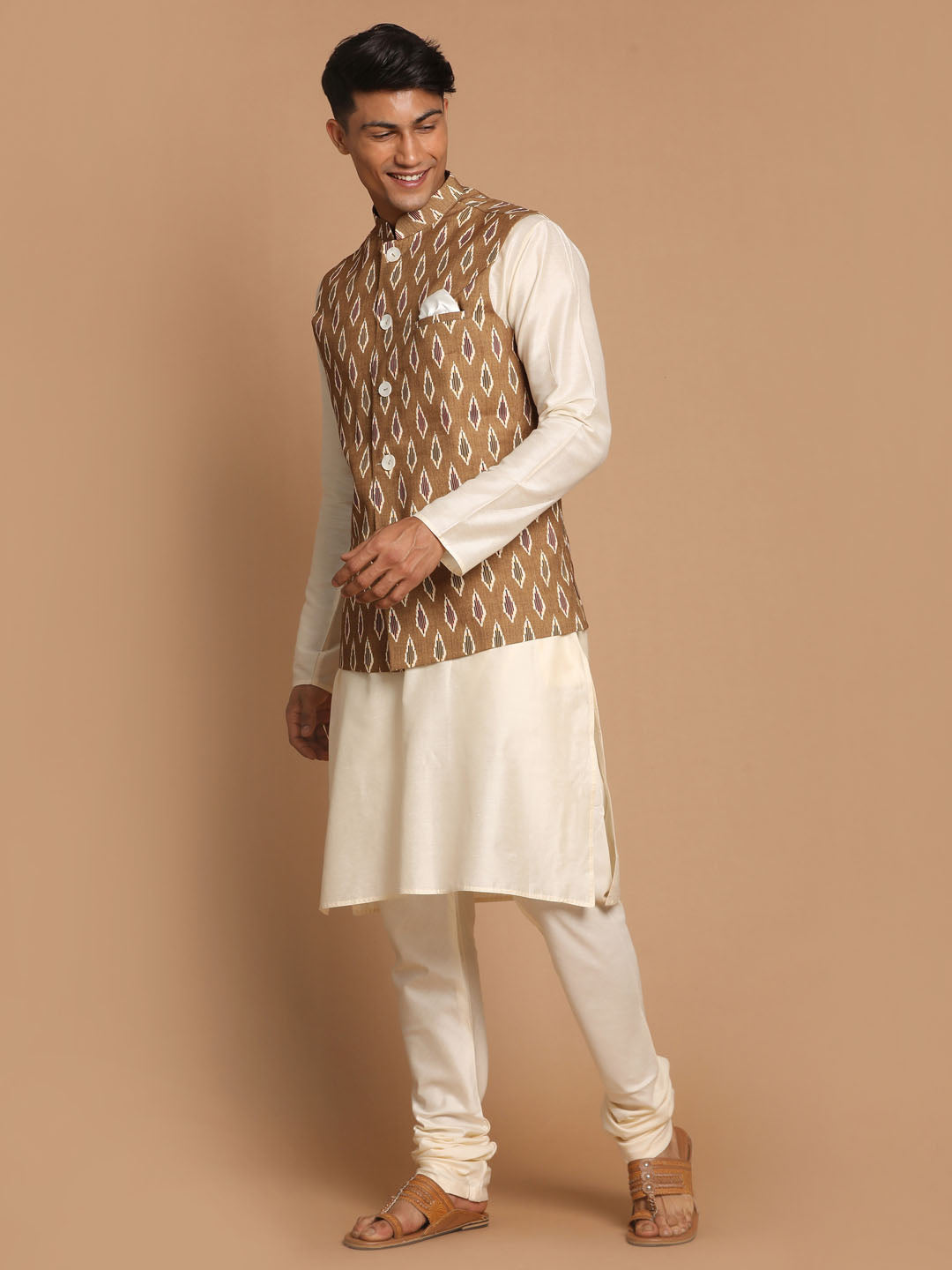 Men's Multicolor-Base-Green Cotton Nehru Jacket With Cream Kurta Pyjama