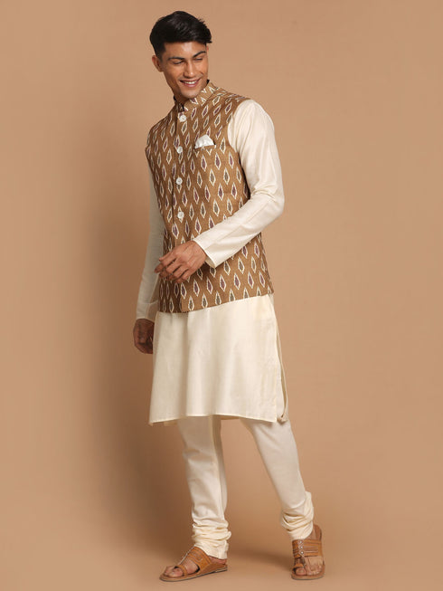 Men's Multicolor-Base-Green Cotton Nehru Jacket With Cream Kurta Pyjama