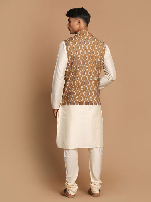 Men's Multicolor-Base-Green Cotton Nehru Jacket With Cream Kurta Pyjama