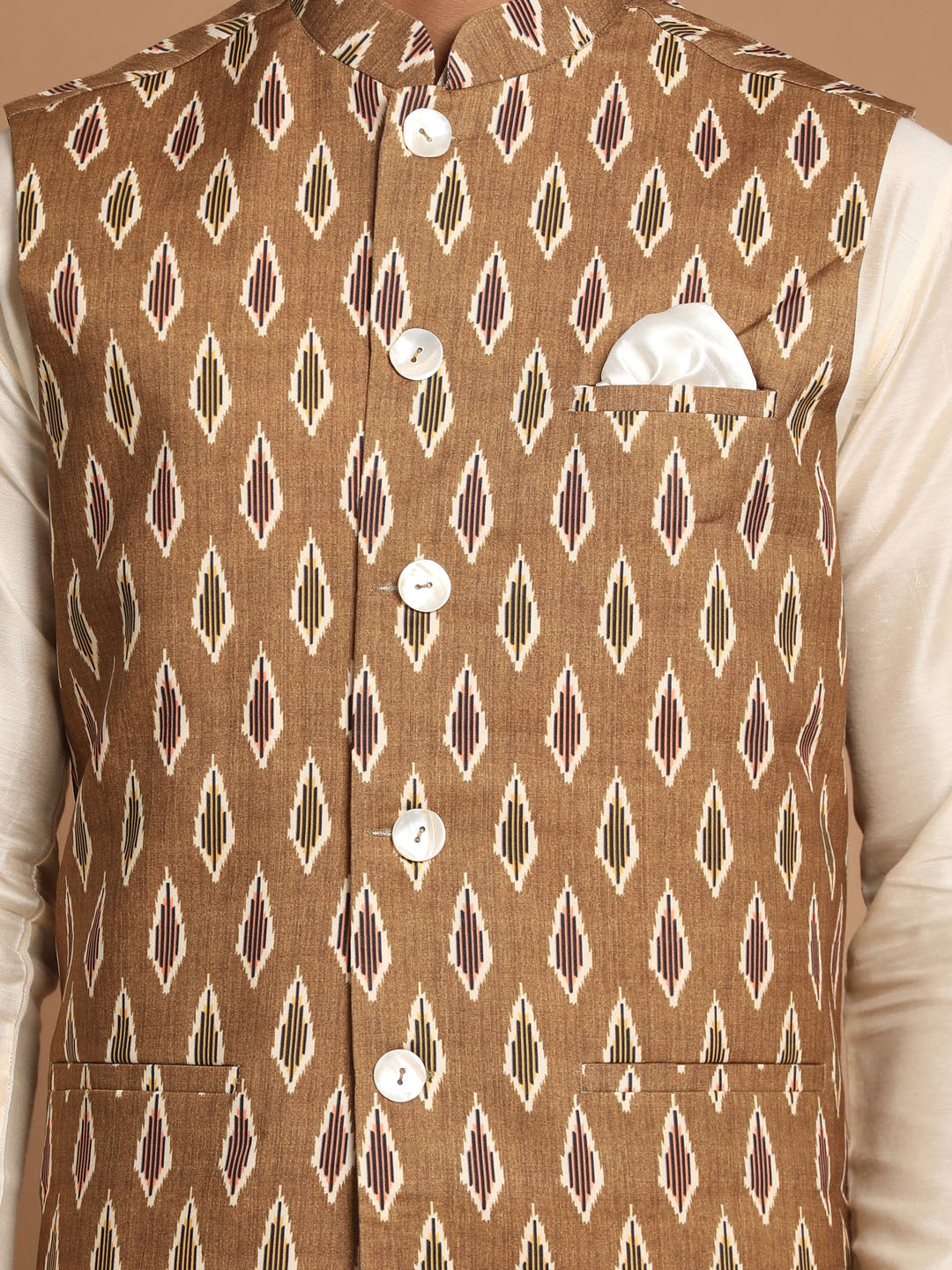 Men's Multicolor-Base-Green Cotton Nehru Jacket With Cream Kurta Pyjama