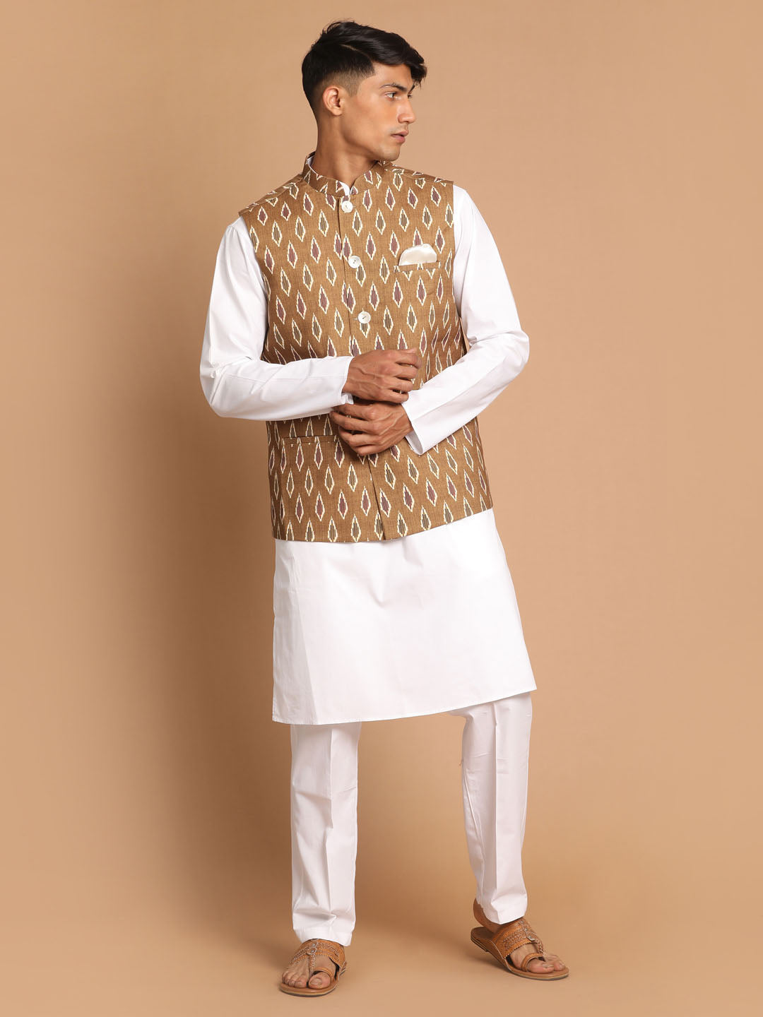 Men's Green and White Pure Cotton Ikat Jacket Kurta Pyjama Set