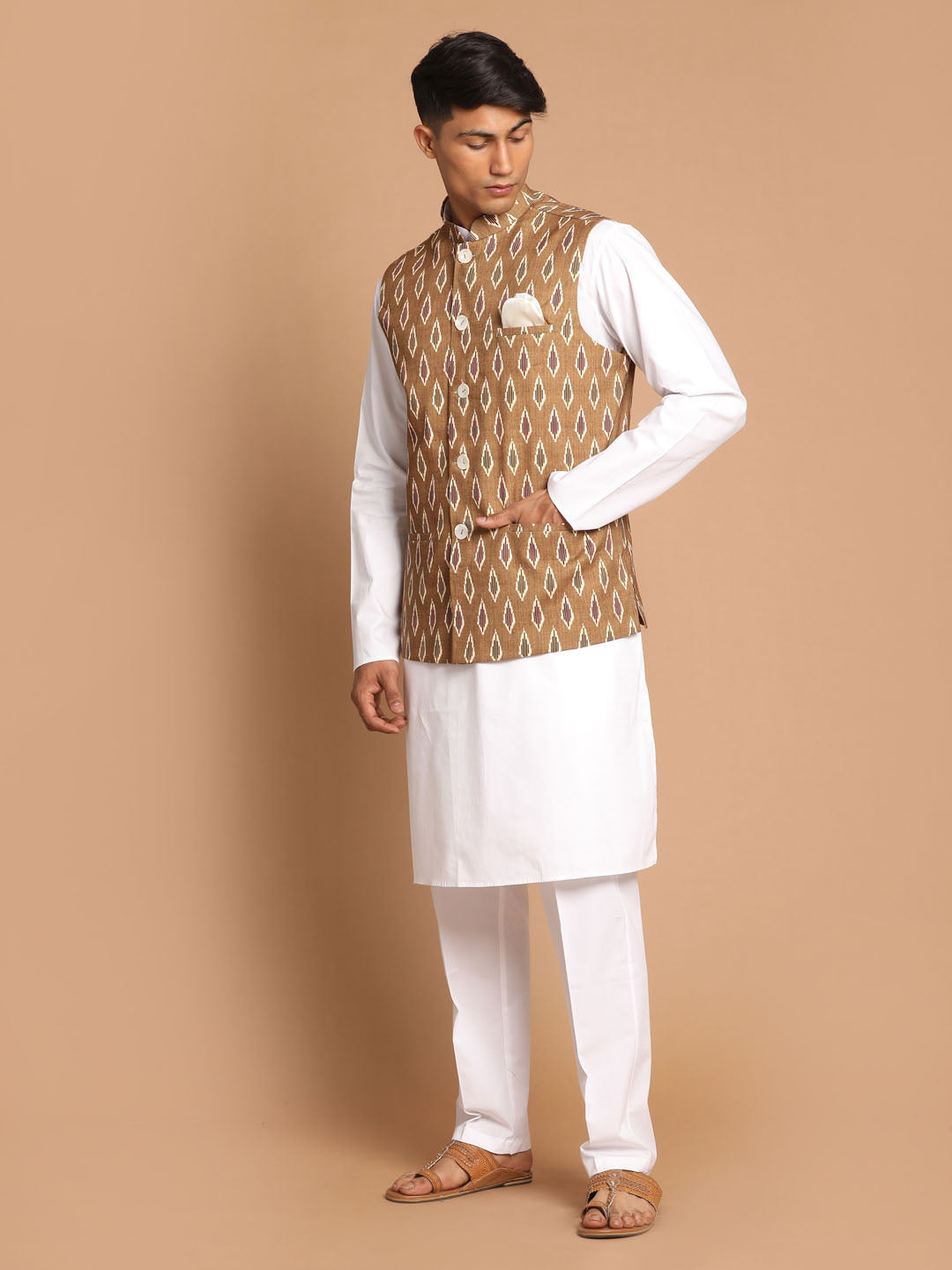 Men's Green and White Pure Cotton Ikat Jacket Kurta Pyjama Set