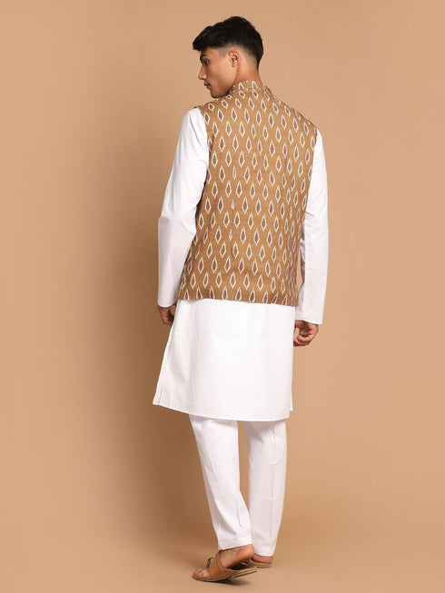 Men's Multicolor-Base-Green Cotton Nehru Jacket With White Cotton Pant