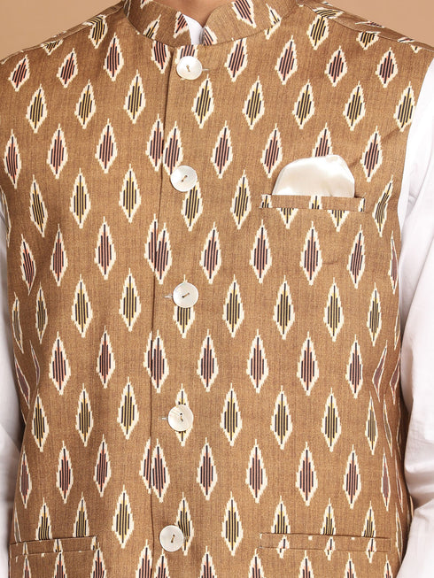 Men's Multicolor-Base-Green Cotton Nehru Jacket With White Cotton Pant