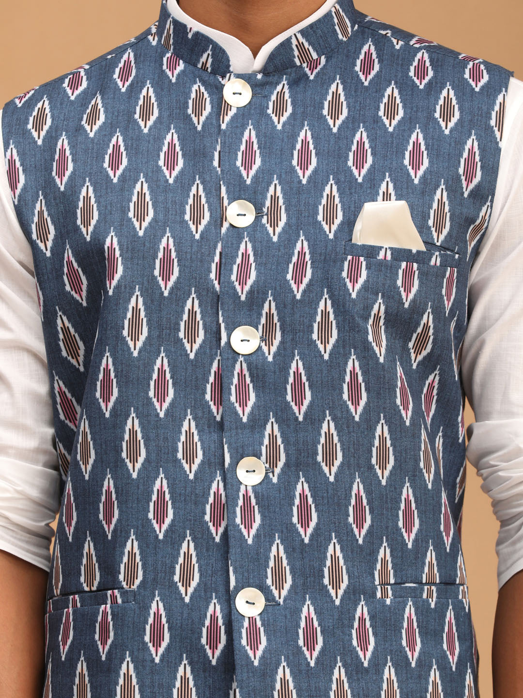Men's Grey Printed Cotton Nehru Jacket With White Kurta And Pyjama Set