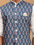 Men's Grey Printed Cotton Nehru Jacket With White Kurta And Pyjama Set