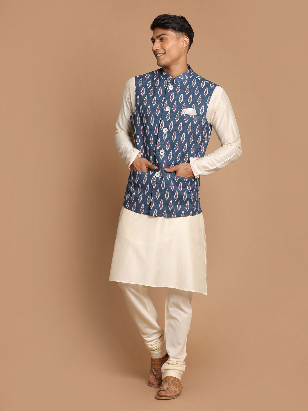 Men's Grey and Cream Viscose Ikat Jacket Kurta Pyjama Set