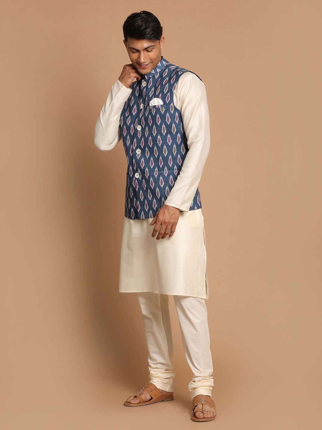 Men's Grey and Cream Viscose Ikat Jacket Kurta Pyjama Set