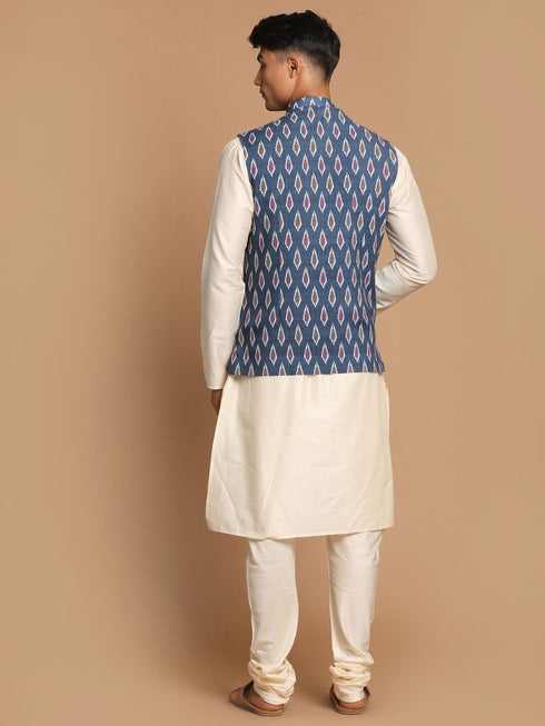 Men's Grey Printed Cotton Nehru Jacket With Cream Kurta Pyjama